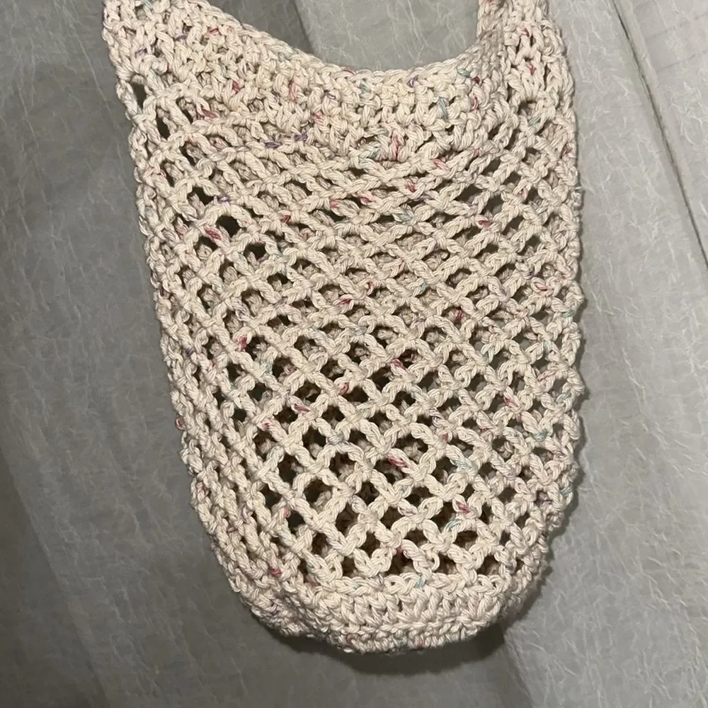 Handmade Crochet Ivory Pastel Colored Confetti Small Fishnet Market Tote